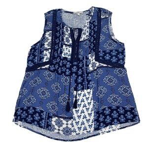 Pale Sky NWT Tunic Babydoll Top Blue Patchwork Sleeveless Sz M  Beaded Tassels